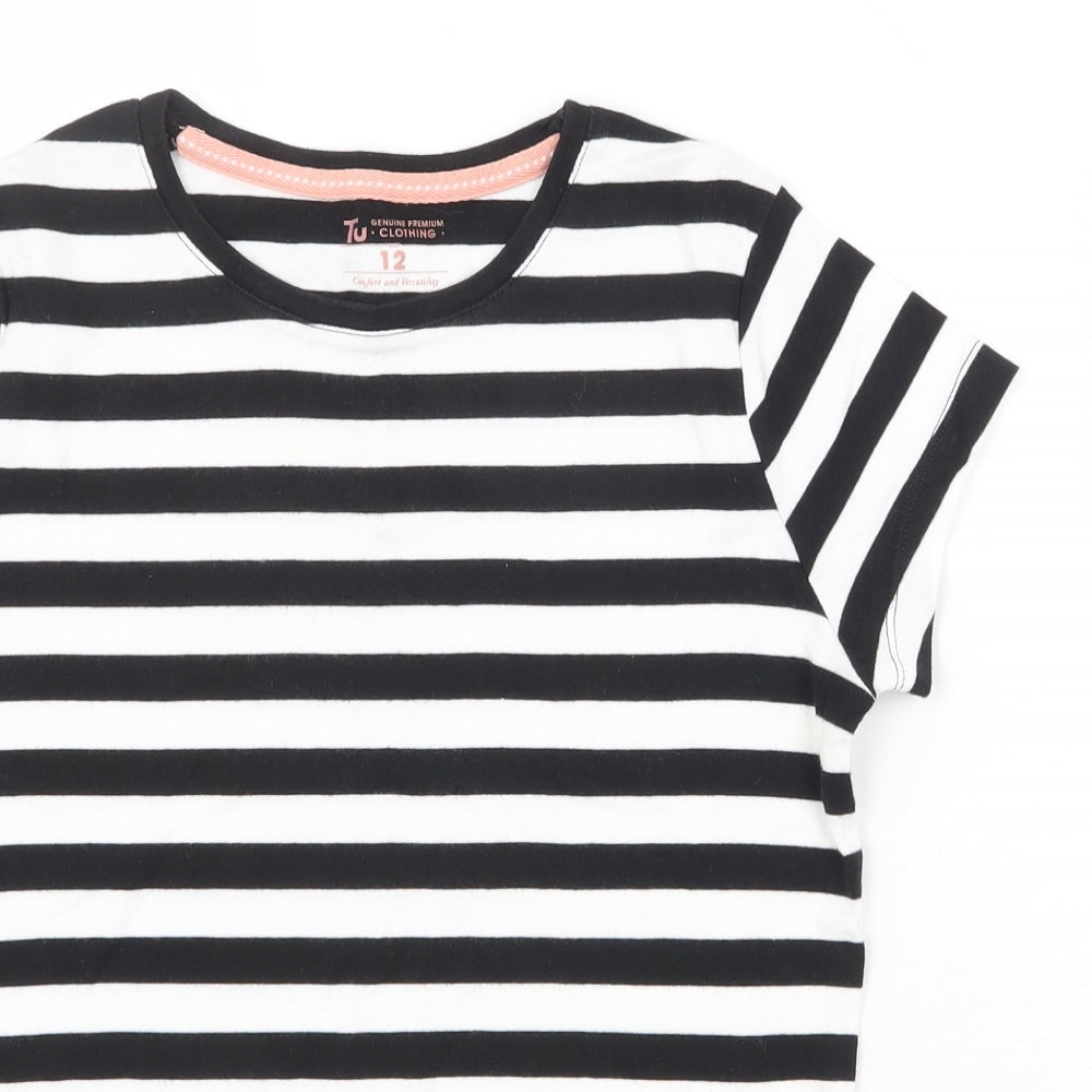 TU Womens Black Striped 100% Cotton Basic T-Shirt Size 12 Scoop Neck