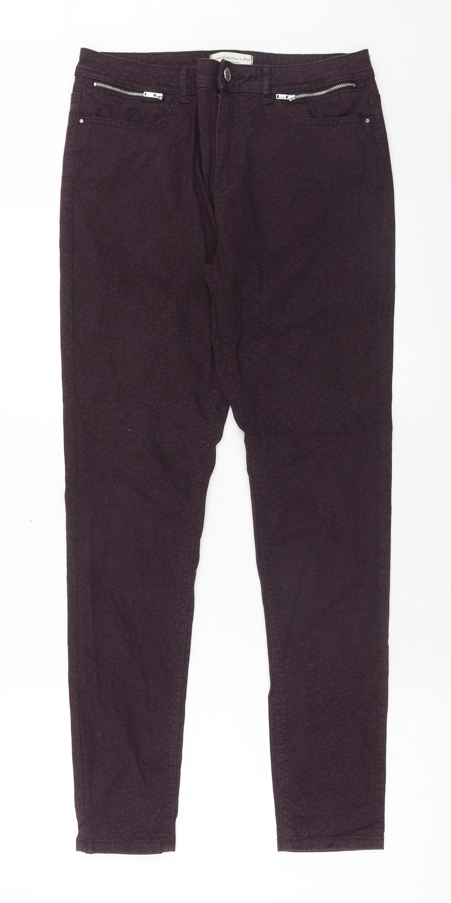 F&F Womens Purple Animal Print Cotton Skinny Jeans Size 10 Regular Zip