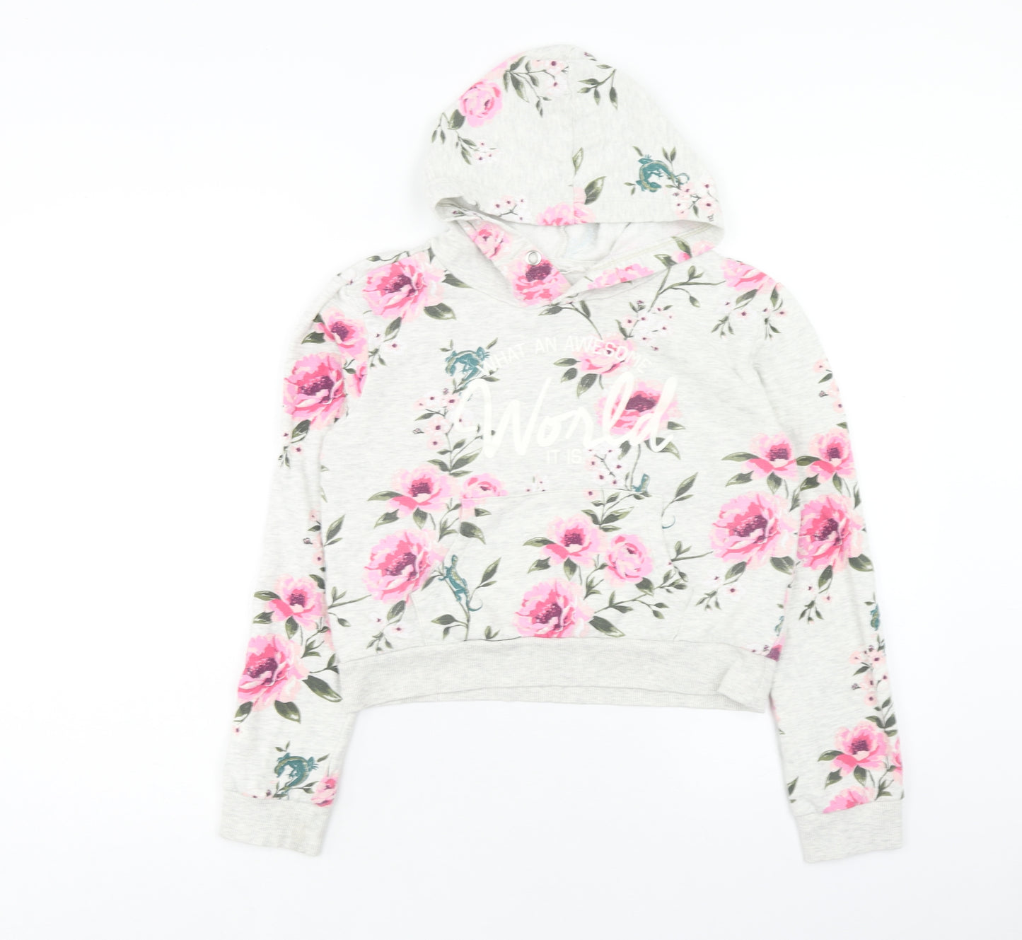H&M Girls Grey Floral Cotton Pullover Hoodie Size 14 Years Pullover