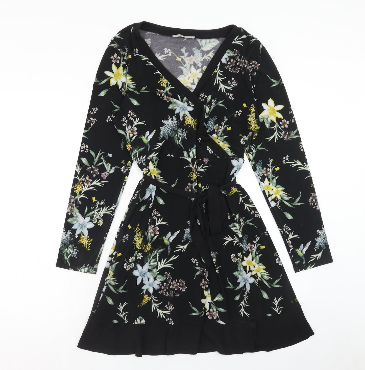 Oasis Womens Black Floral Polyester Fit & Flare Size M V-Neck Pullover