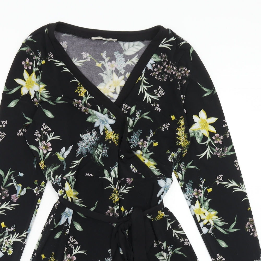 Oasis Womens Black Floral Polyester Fit & Flare Size M V-Neck Pullover