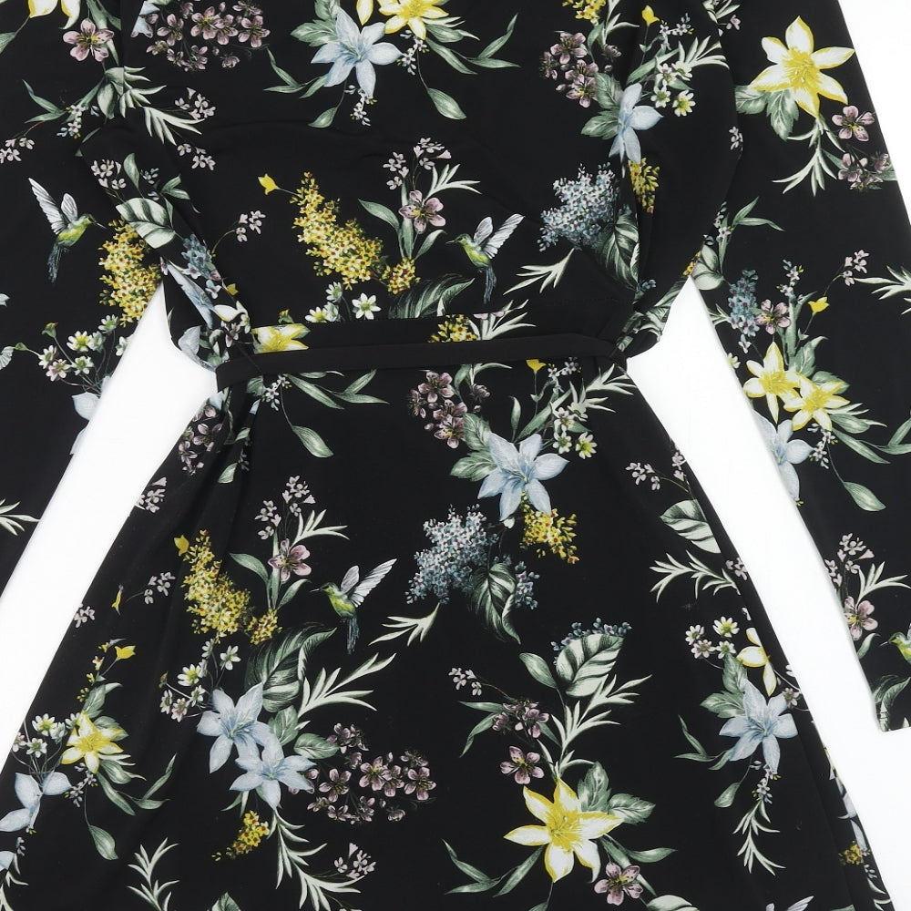 Oasis Womens Black Floral Polyester Fit & Flare Size M V-Neck Pullover