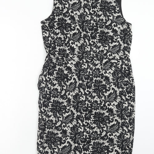 Dorothy Perkins Womens Black Floral Cotton Pencil Dress Size 14 Boat Neck Zip - Lace Overlay