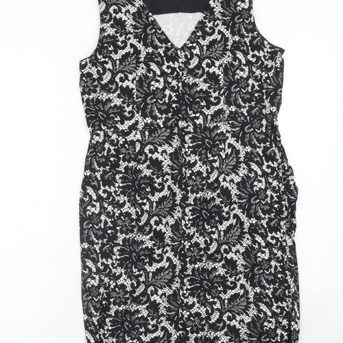 Dorothy Perkins Womens Black Floral Cotton Pencil Dress Size 14 Boat Neck Zip - Lace Overlay