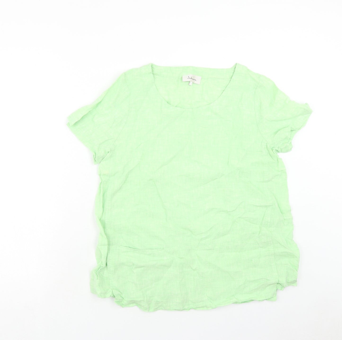 Sahara Womens Green Linen Basic T-Shirt Size S Round Neck