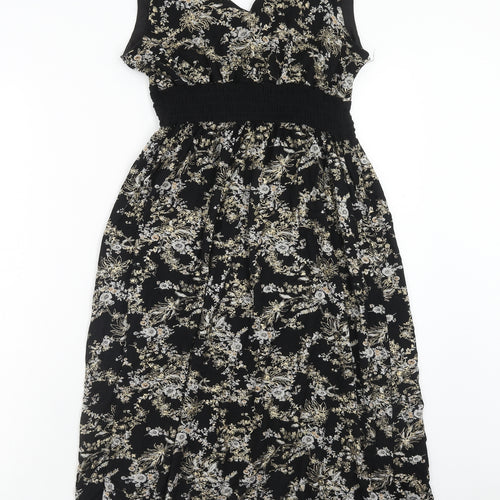 Body Heat Womens Black Floral Polyester A-Line Size 6 V-Neck Pullover