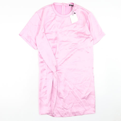Zara Womens Pink Polyester Shirt Dress Size S Round Neck Zip