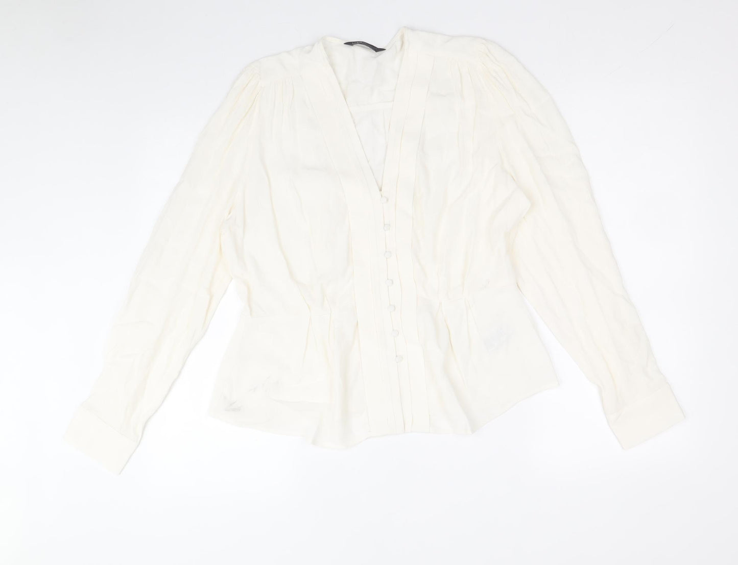 Marks and Spencer Womens Ivory Viscose Basic Button-Up Size 14 V-Neck