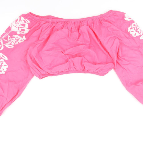 Marks and Spencer Womens Pink 100% Cotton Cropped Tank Size 12 Off the Shoulder - Flower Detail on Sleeves