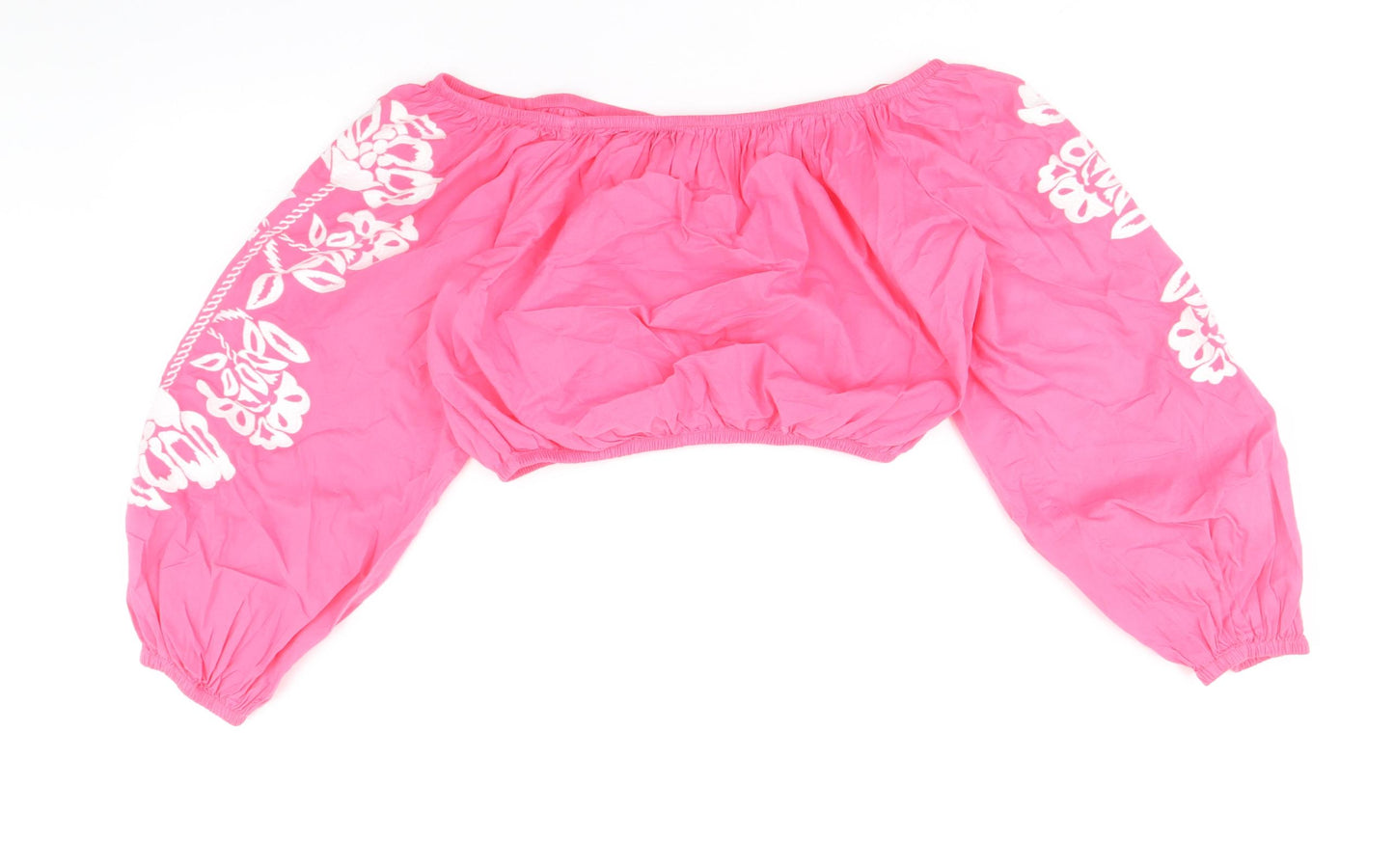 Marks and Spencer Womens Pink 100% Cotton Cropped Tank Size 12 Off the Shoulder - Flower Detail on Sleeves