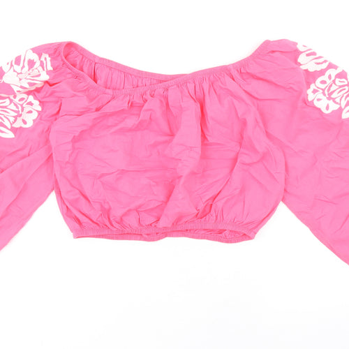 Marks and Spencer Womens Pink 100% Cotton Cropped Tank Size 12 Off the Shoulder - Flower Detail on Sleeves