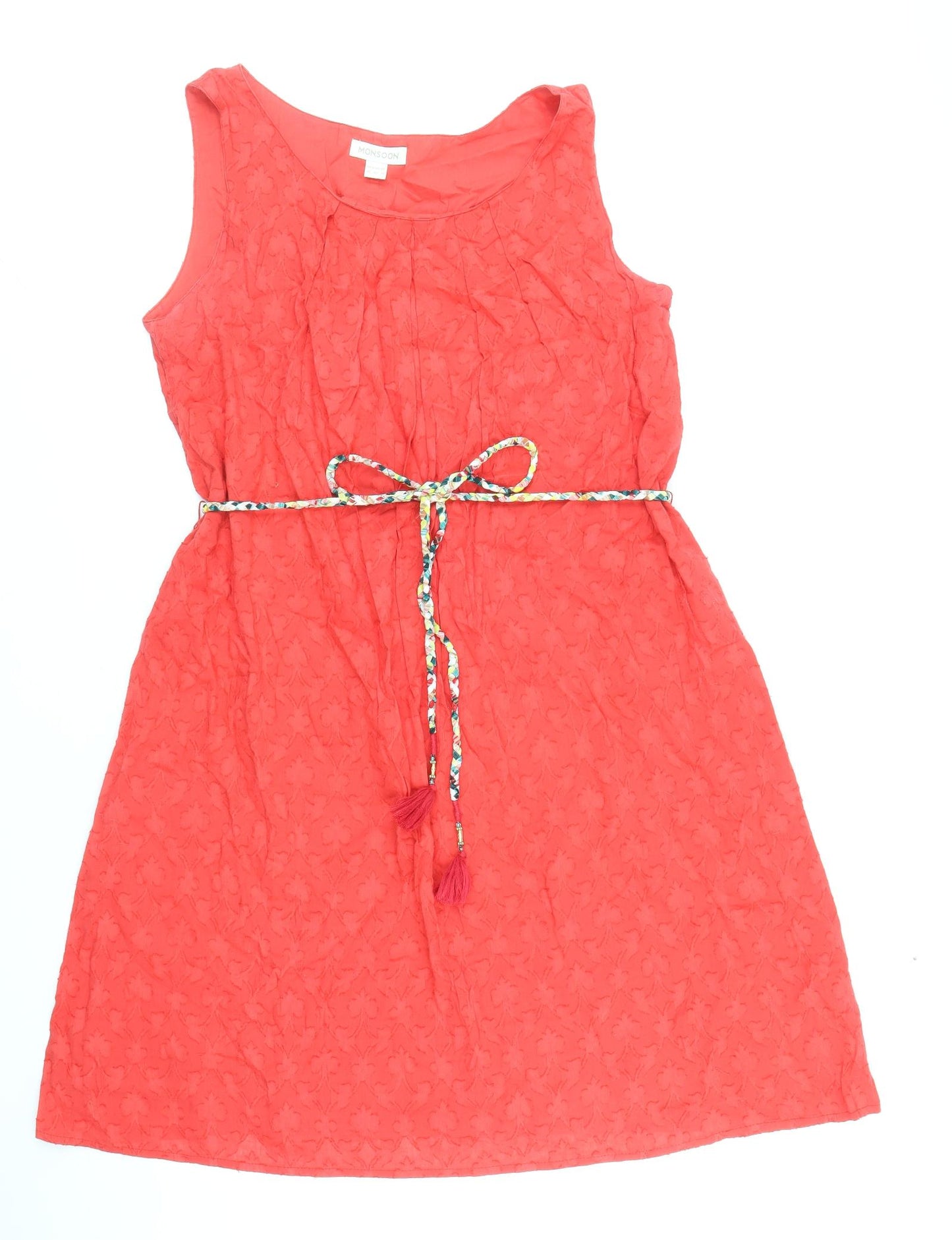 Monsoon Womens Red 100% Cotton Skater Dress Size 14 Scoop Neck Pullover