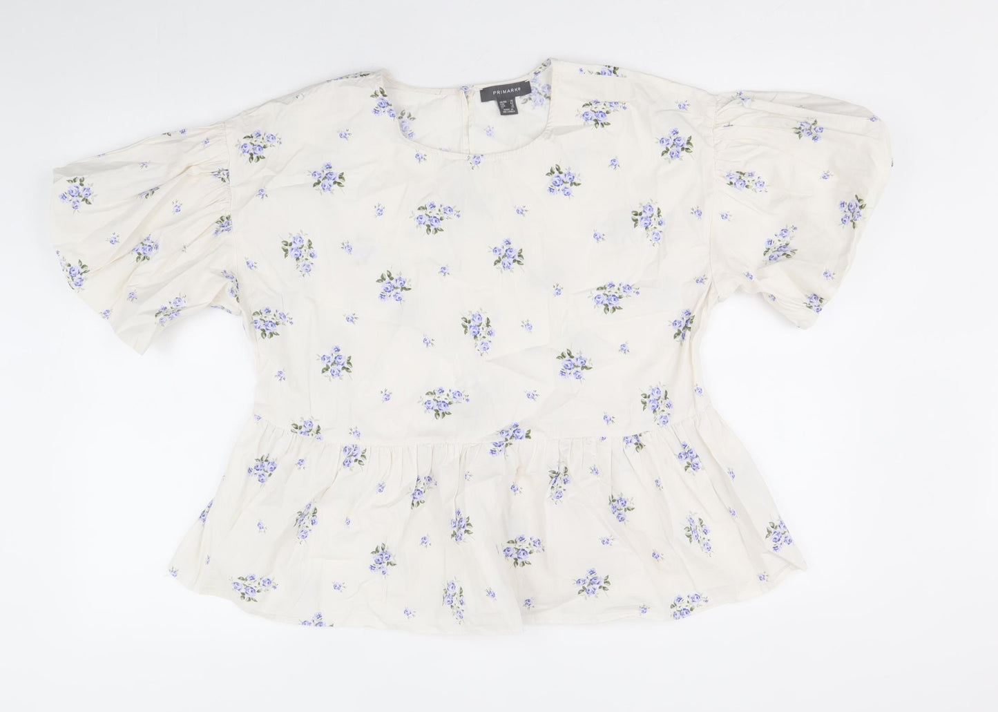 Primark Womens White Floral Cotton Basic Blouse Size 14 Scoop Neck - Smock