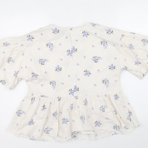 Primark Womens White Floral Cotton Basic Blouse Size 14 Scoop Neck - Smock