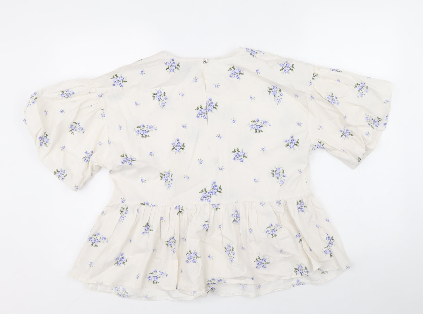 Primark Womens White Floral Cotton Basic Blouse Size 14 Scoop Neck - Smock