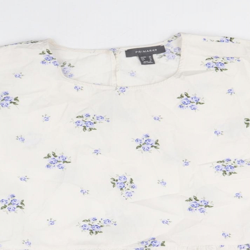 Primark Womens White Floral Cotton Basic Blouse Size 14 Scoop Neck - Smock