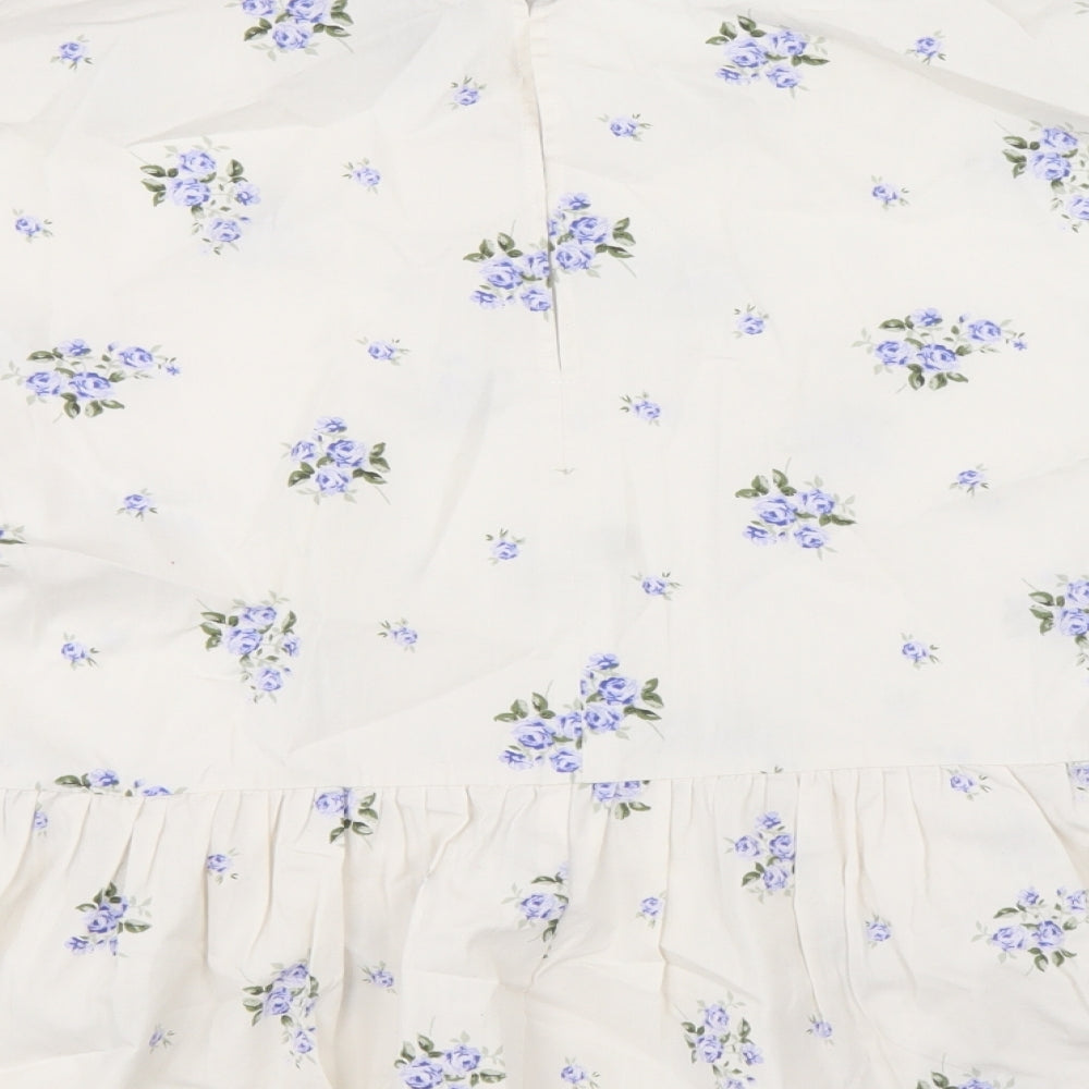 Primark Womens White Floral Cotton Basic Blouse Size 14 Scoop Neck - Smock