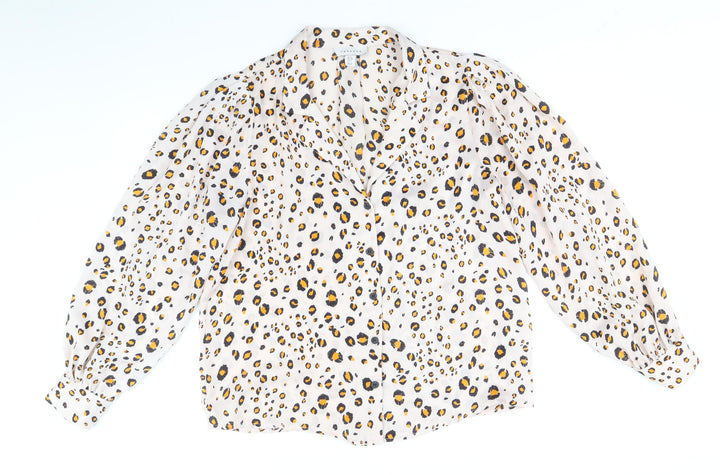 Topshop Womens Ivory Animal Print Polyester Basic Button-Up Size 10 Collared - Cheetah Print
