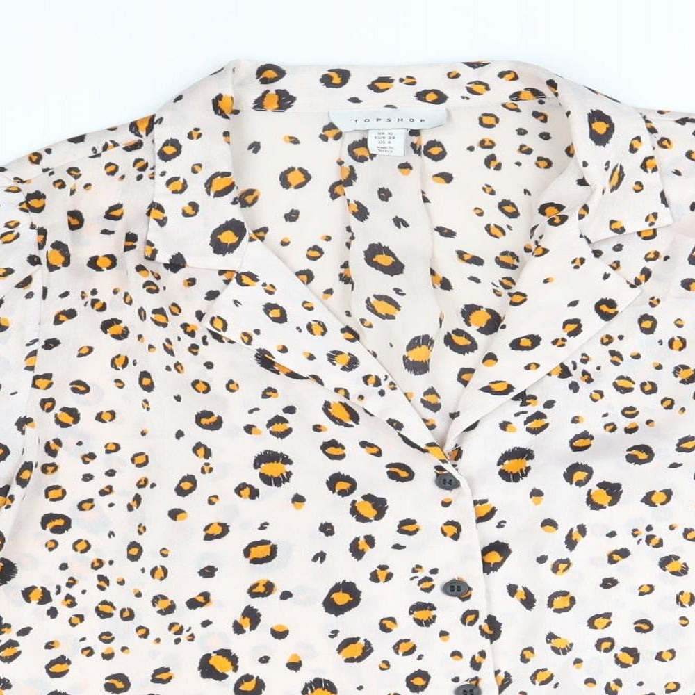 Topshop Womens Ivory Animal Print Polyester Basic Button-Up Size 10 Collared - Cheetah Print