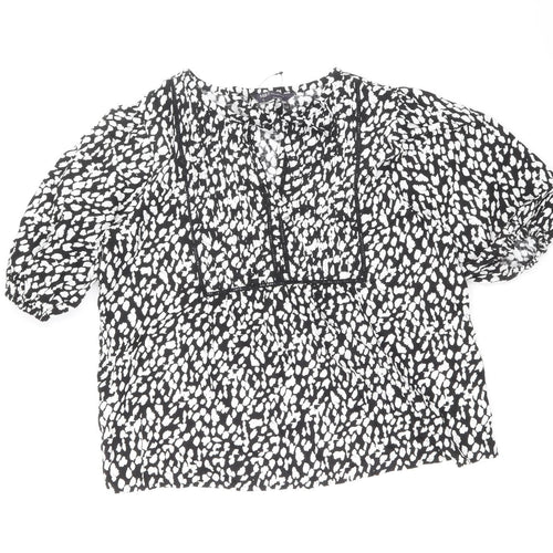 Marks and Spencer Womens Black Geometric 100% Cotton Basic T-Shirt Size 10 V-Neck