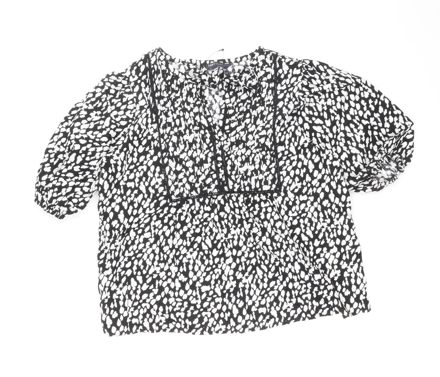 Marks and Spencer Womens Black Geometric 100% Cotton Basic T-Shirt Size 10 V-Neck