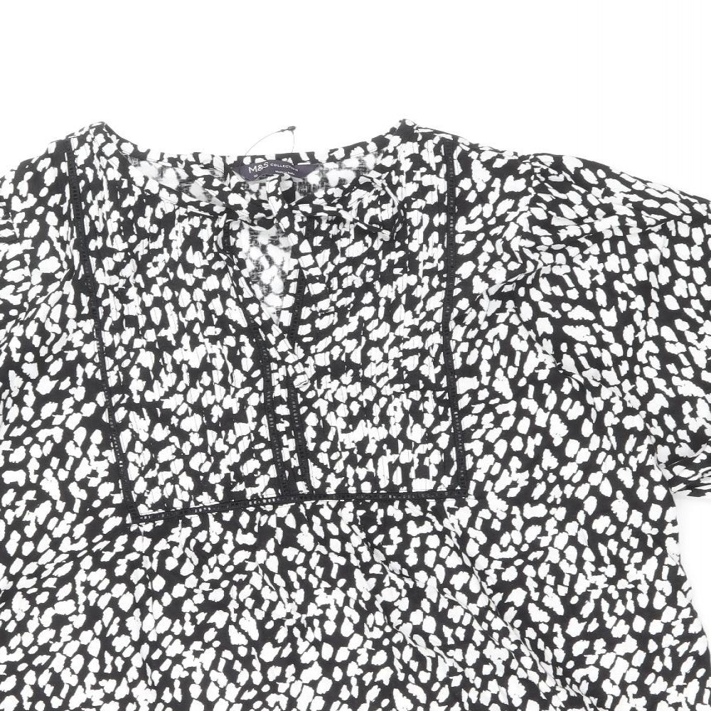 Marks and Spencer Womens Black Geometric 100% Cotton Basic T-Shirt Size 10 V-Neck