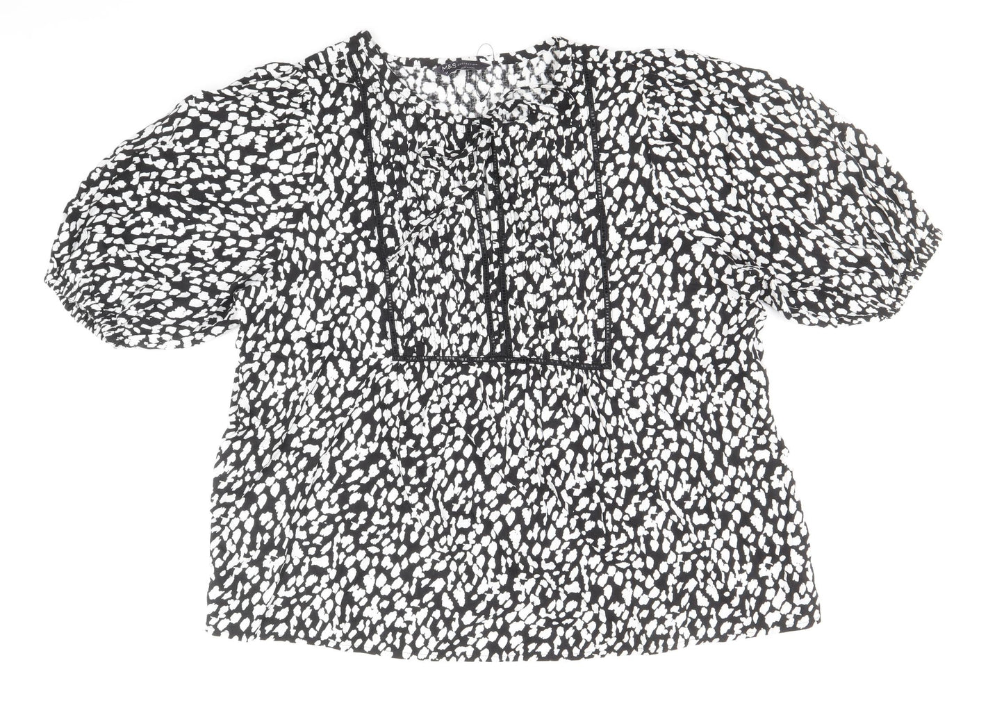 Marks and Spencer Womens Black Geometric 100% Cotton Basic Blouse Size 14 Round Neck