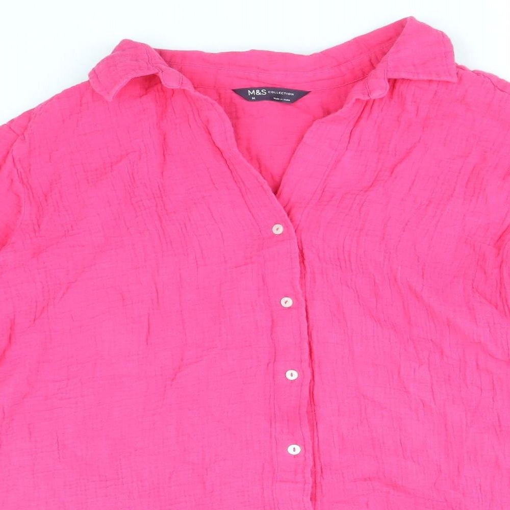 Marks and Spencer Womens Pink 100% Cotton Basic Button-Up Size M V-Neck