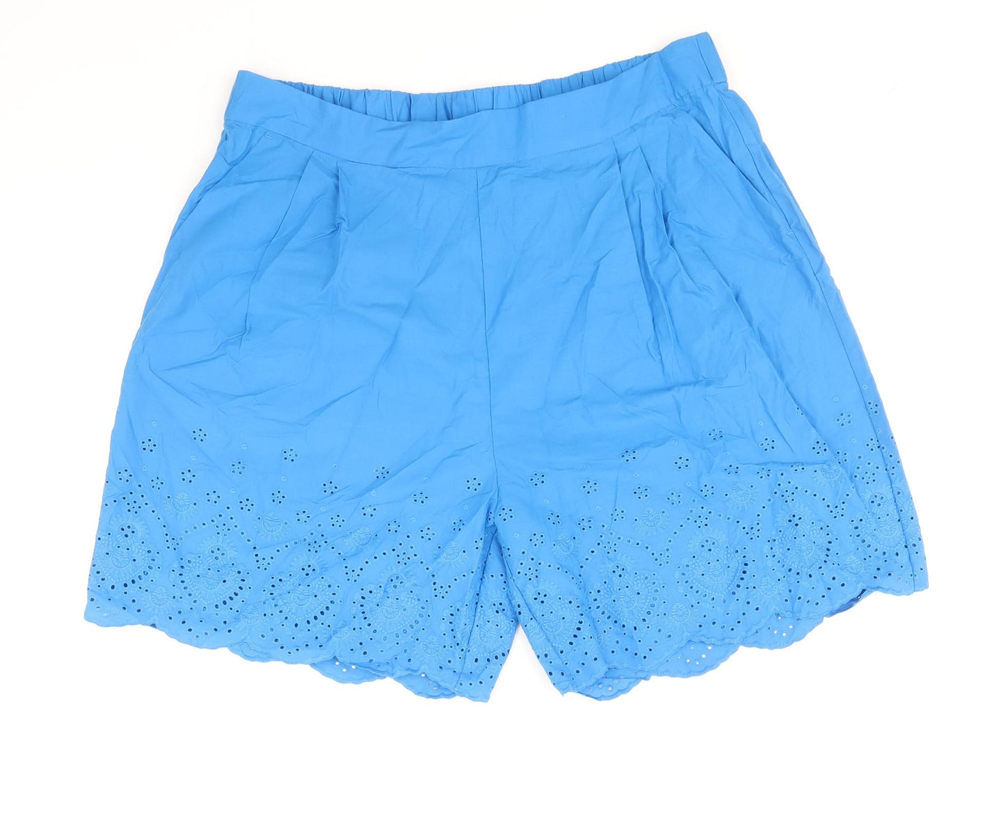 Marks and Spencer Womens Blue 100% Cotton Chino Shorts Size 16 Regular Pull On - Broderie Anglaise