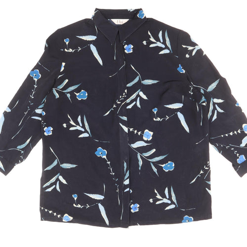 ELVI Womens Blue Floral Polyester Basic Button-Up Size 20 Collared
