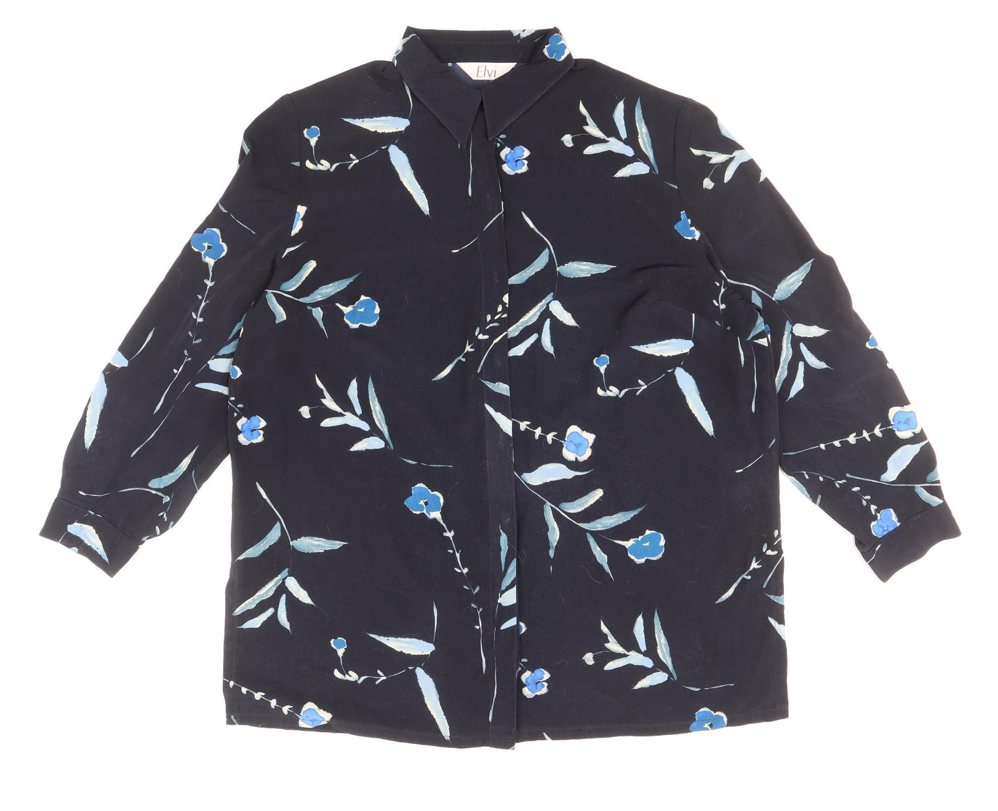 ELVI Womens Blue Floral Polyester Basic Button-Up Size 20 Collared