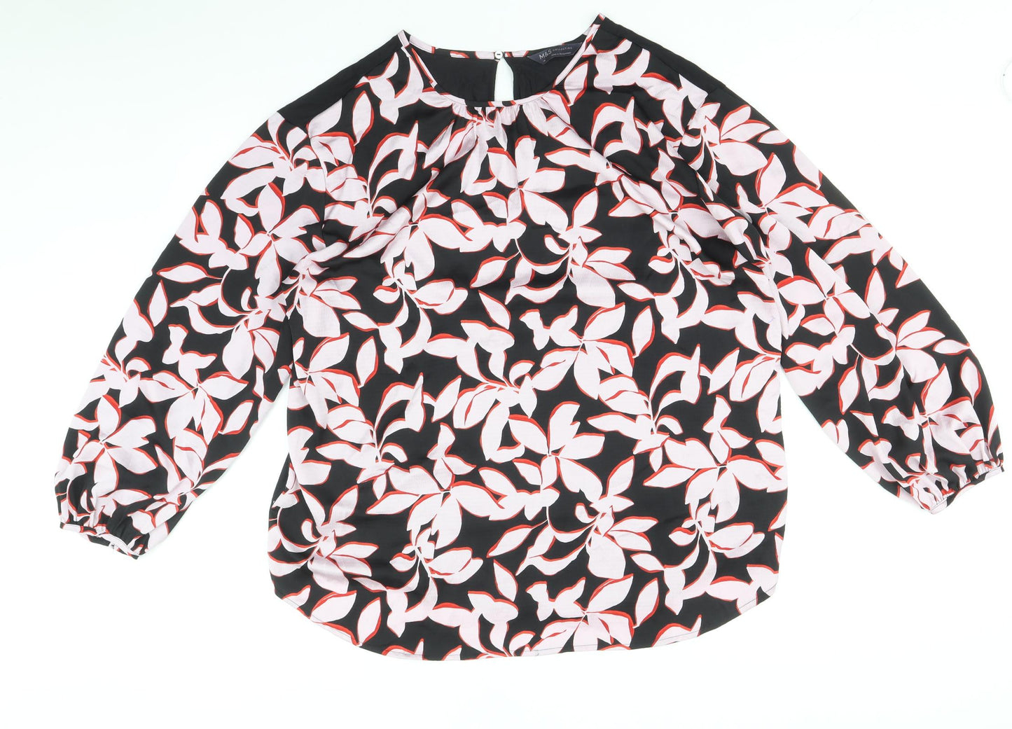 Marks and Spencer Womens Black Floral Polyester Basic Blouse Size 14 Round Neck