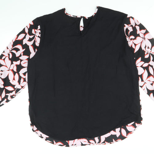 Marks and Spencer Womens Black Floral Polyester Basic Blouse Size 14 Round Neck