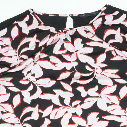 Marks and Spencer Womens Black Floral Polyester Basic Blouse Size 14 Round Neck