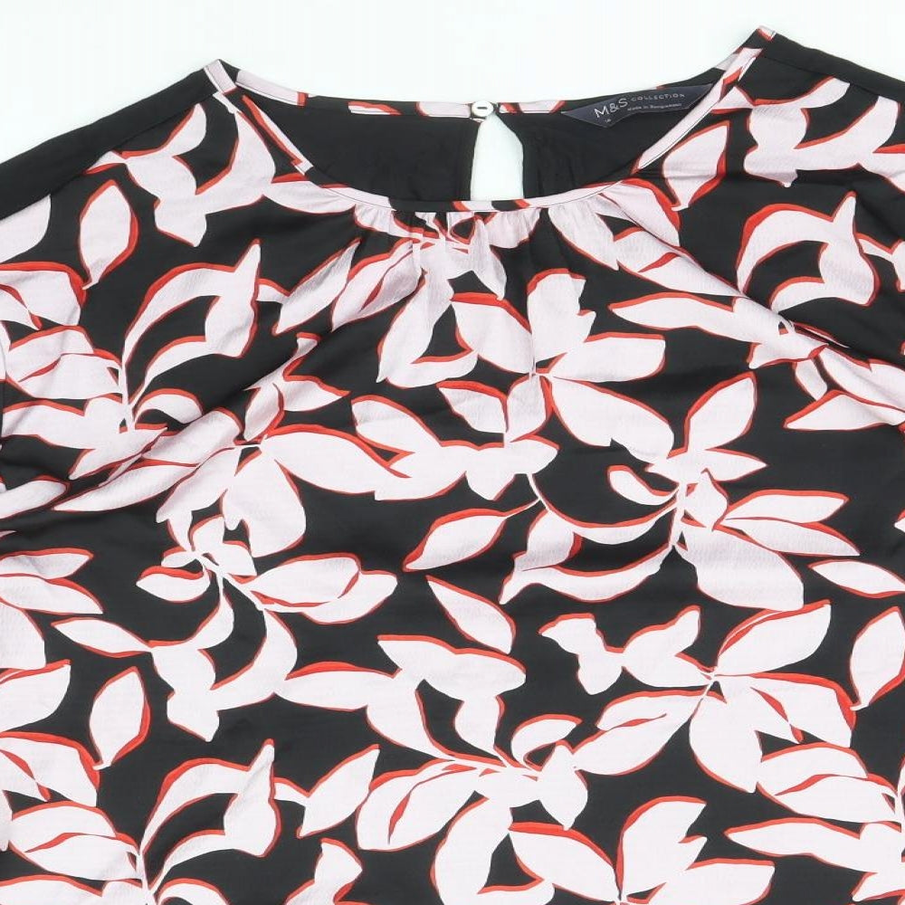 Marks and Spencer Womens Black Floral Polyester Basic Blouse Size 14 Round Neck