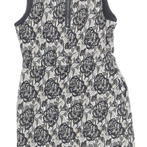 NEXT Womens Black Floral Polyester Shift Size 14 Boat Neck Zip