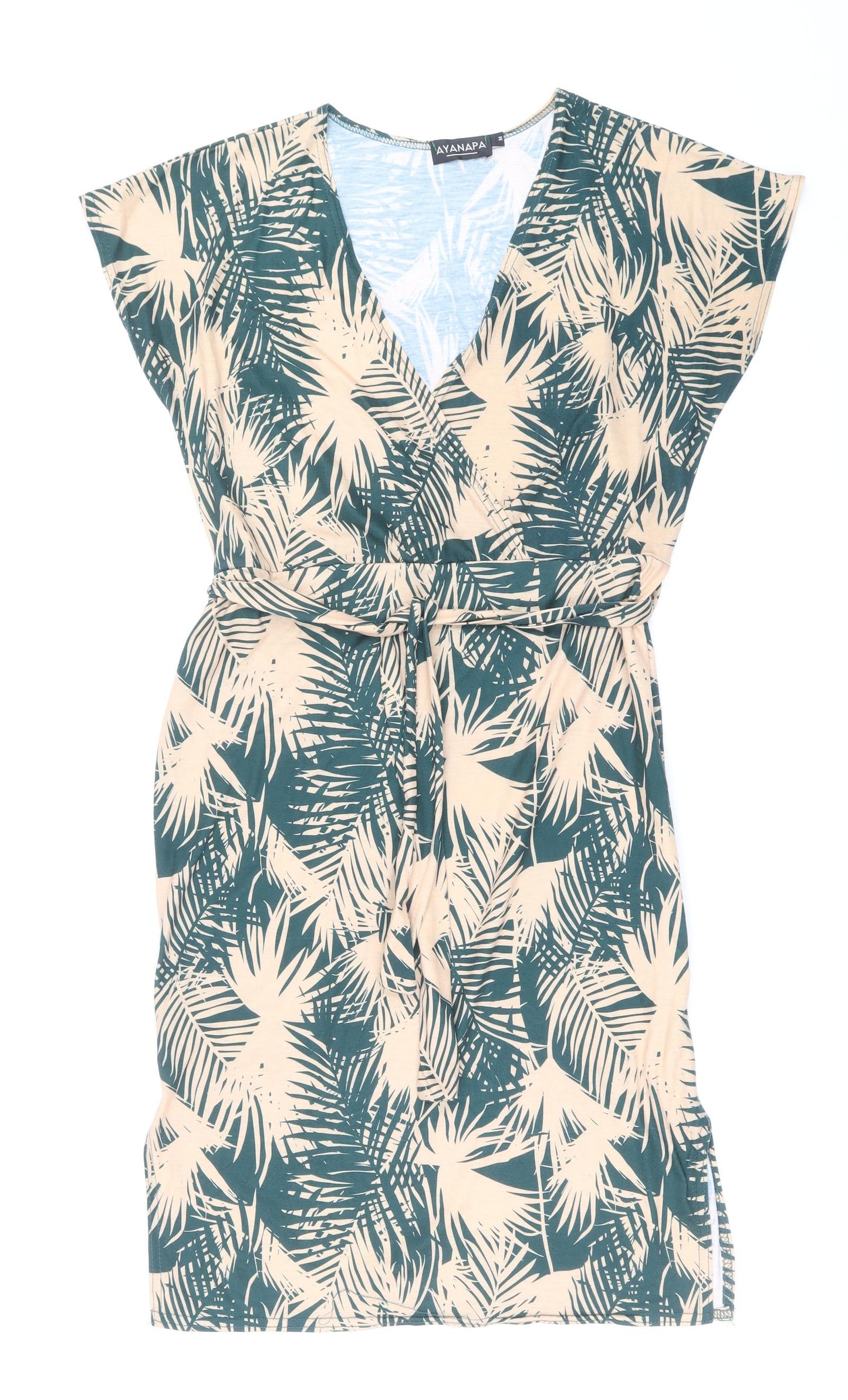 AYANAPA Womens Green Geometric Polyester Shift Size M V-Neck Pullover - Palm Leaf Print