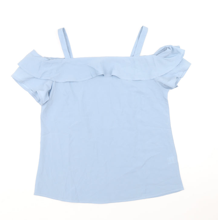 Studio Womens Blue Polyester Basic Blouse Size 12 Square Neck - Cold Shoulder