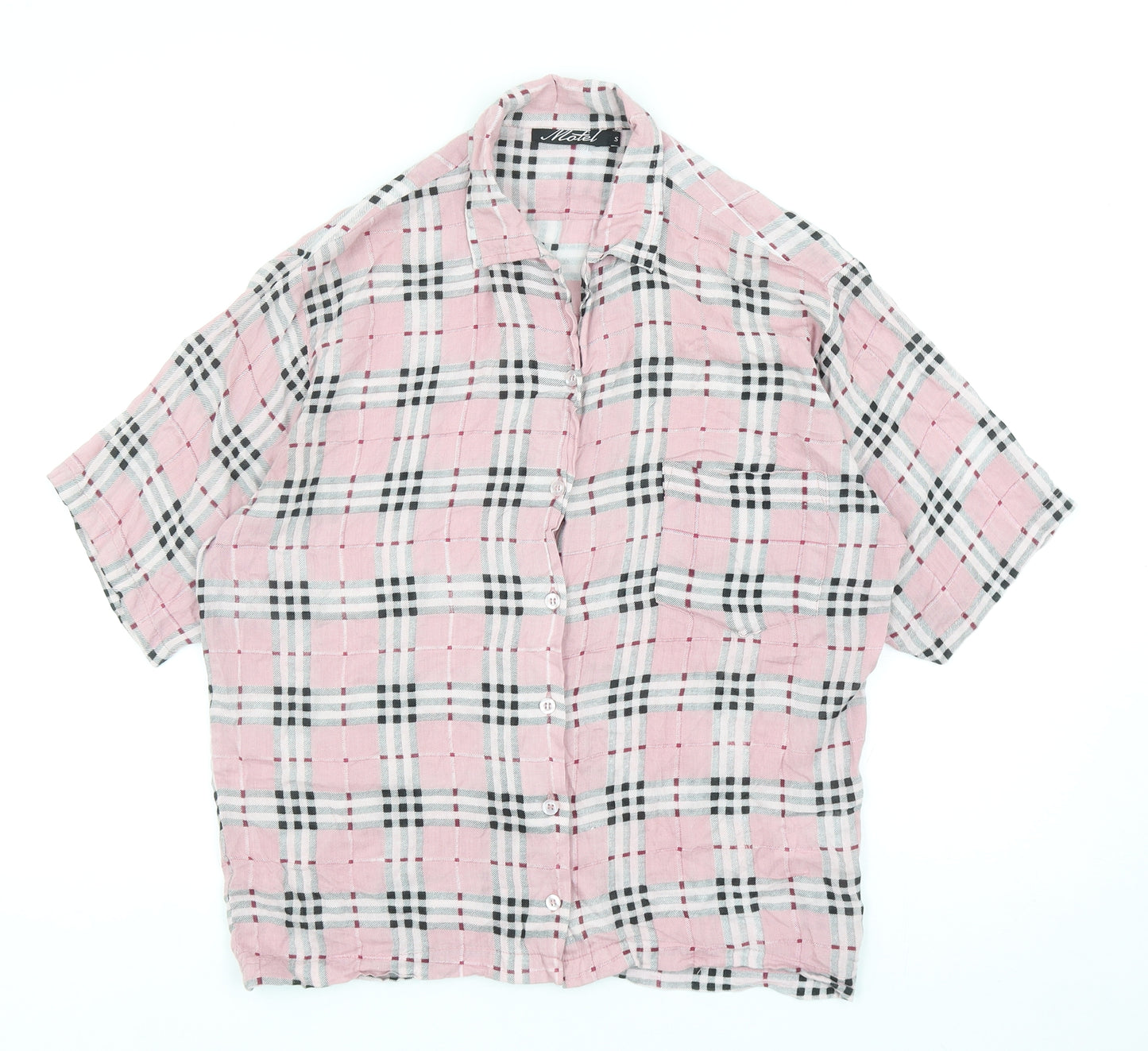 Motel Womens Pink Geometric Viscose Basic Button-Up Size S V-Neck