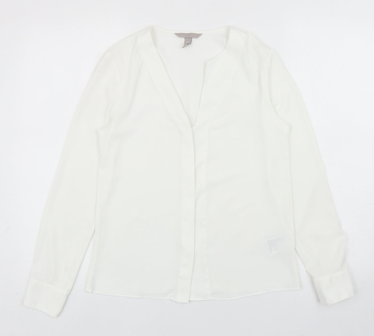 H&M Womens White Polyester Basic Button-Up Size 6 V-Neck