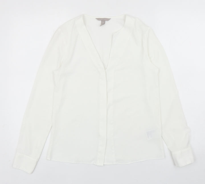 H&M Womens White Polyester Basic Button-Up Size 6 V-Neck