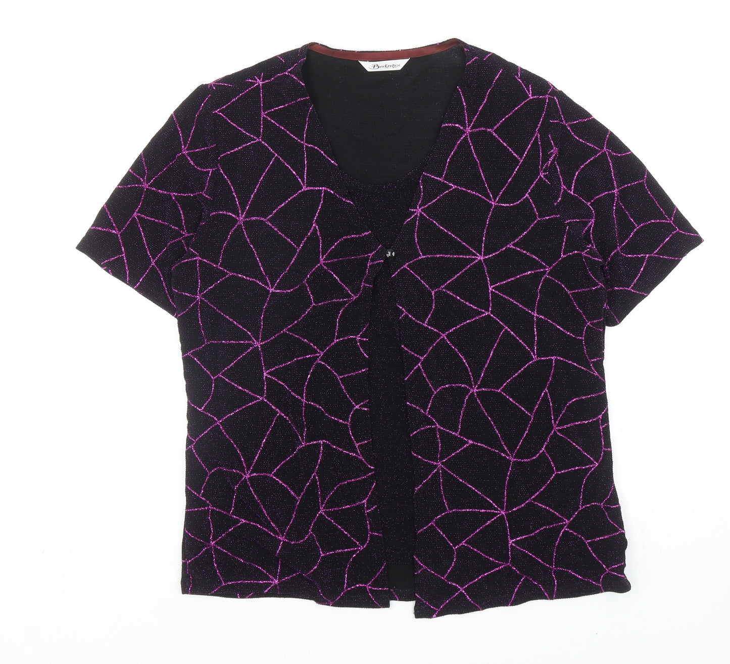Berkertex Womens Black Geometric Nylon Basic T-Shirt Size 16 V-Neck