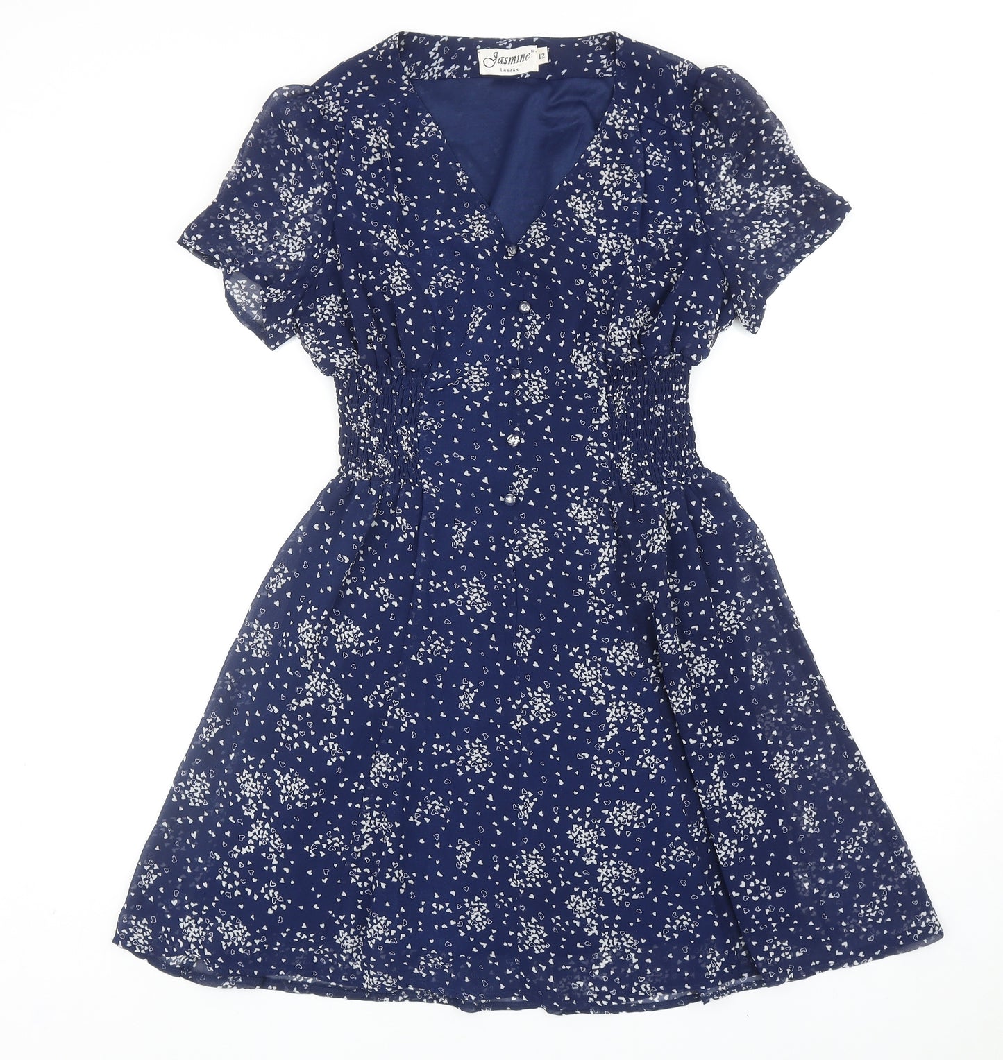 Jasmine London Womens Blue Geometric Polyester A-Line Size 12 V-Neck Pullover