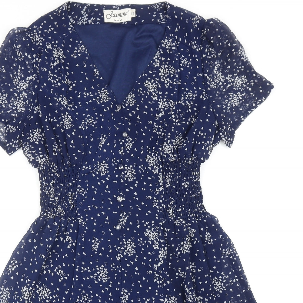 Jasmine London Womens Blue Geometric Polyester A-Line Size 12 V-Neck Pullover