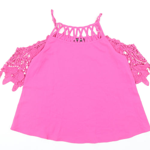 Chicme Womens Pink Cotton Basic Blouse Size M Scoop Neck - Crochet Sleeve Detail Cold Shoulder