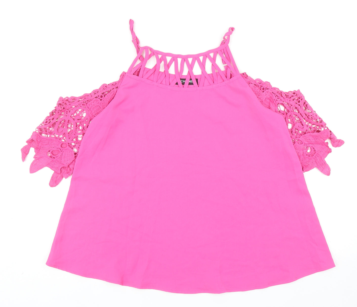 Chicme Womens Pink Cotton Basic Blouse Size M Scoop Neck - Crochet Sleeve Detail Cold Shoulder