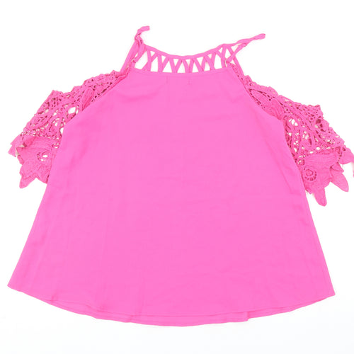 Chicme Womens Pink Cotton Basic Blouse Size M Scoop Neck - Crochet Sleeve Detail Cold Shoulder