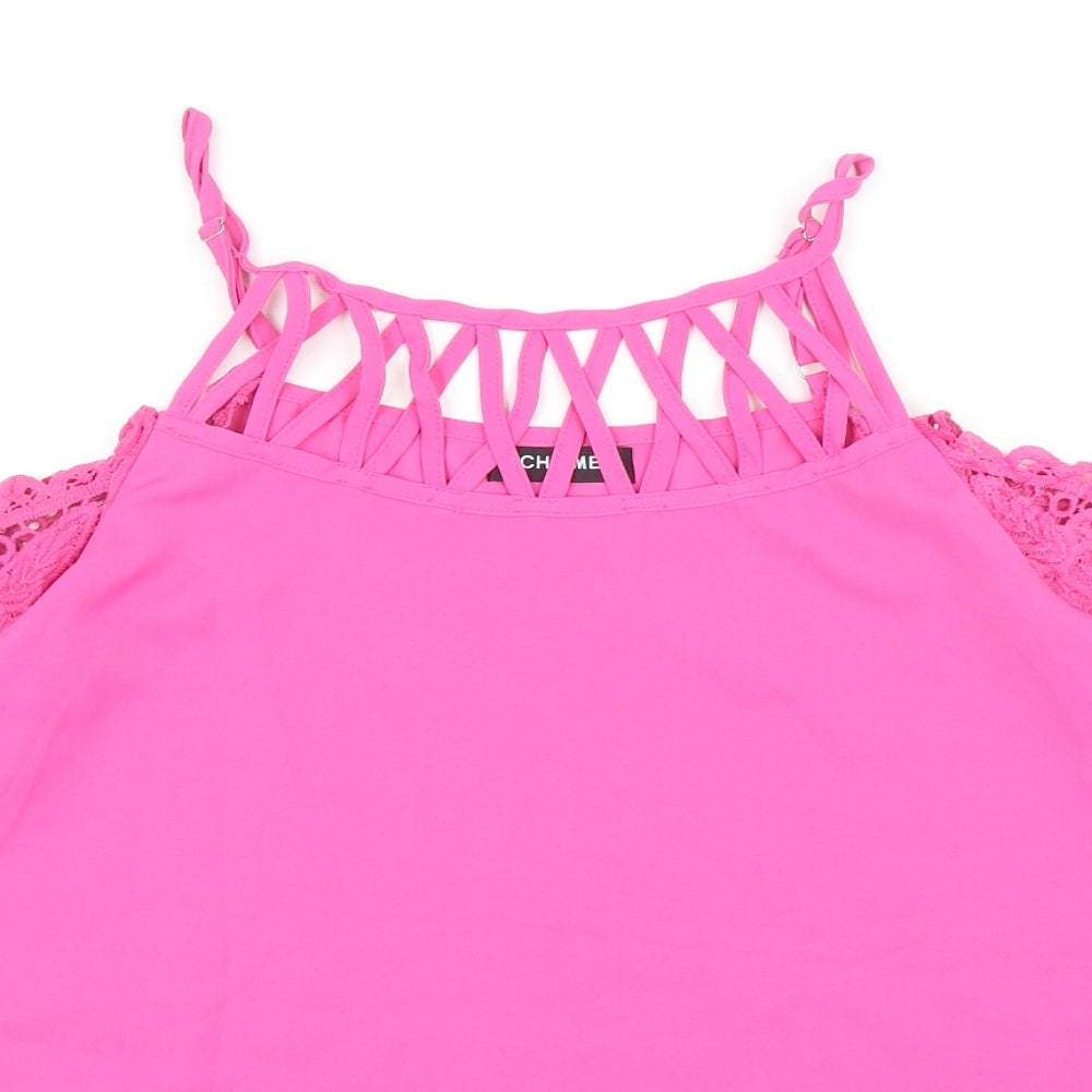 Chicme Womens Pink Cotton Basic Blouse Size M Scoop Neck - Crochet Sleeve Detail Cold Shoulder