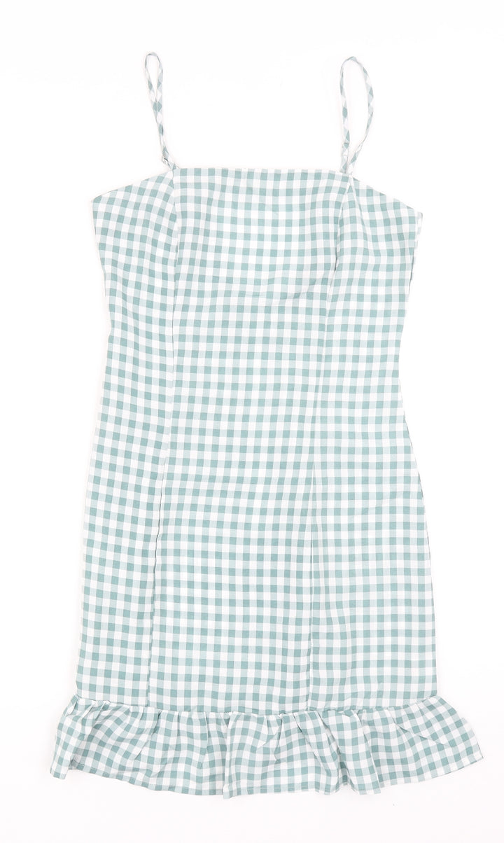 Missguided Womens Blue Check Polyester Bodycon Size 6 Square Neck Zip