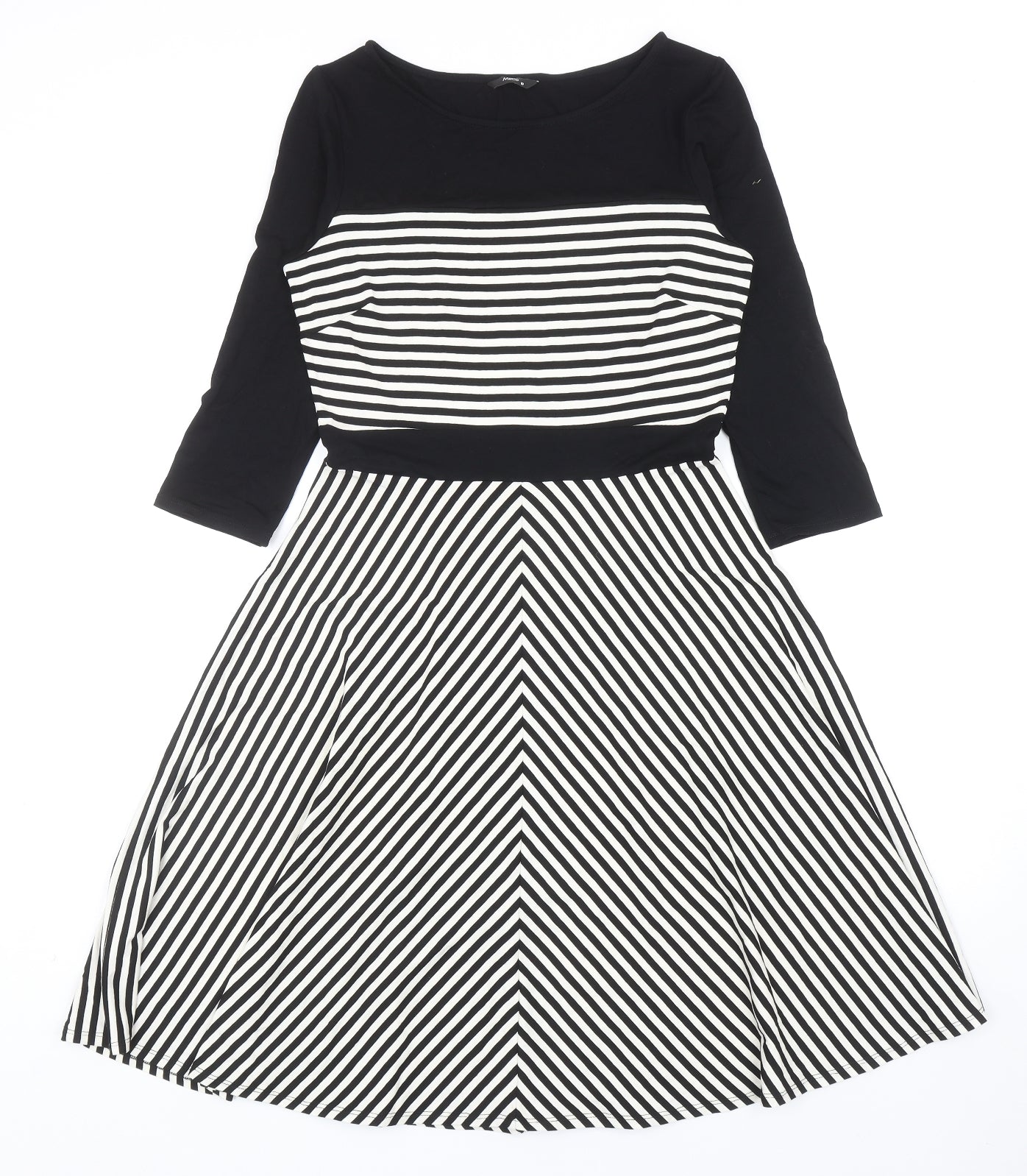M&Co Womens Black Striped Viscose Skater Dress Size 10 Boat Neck Pullover